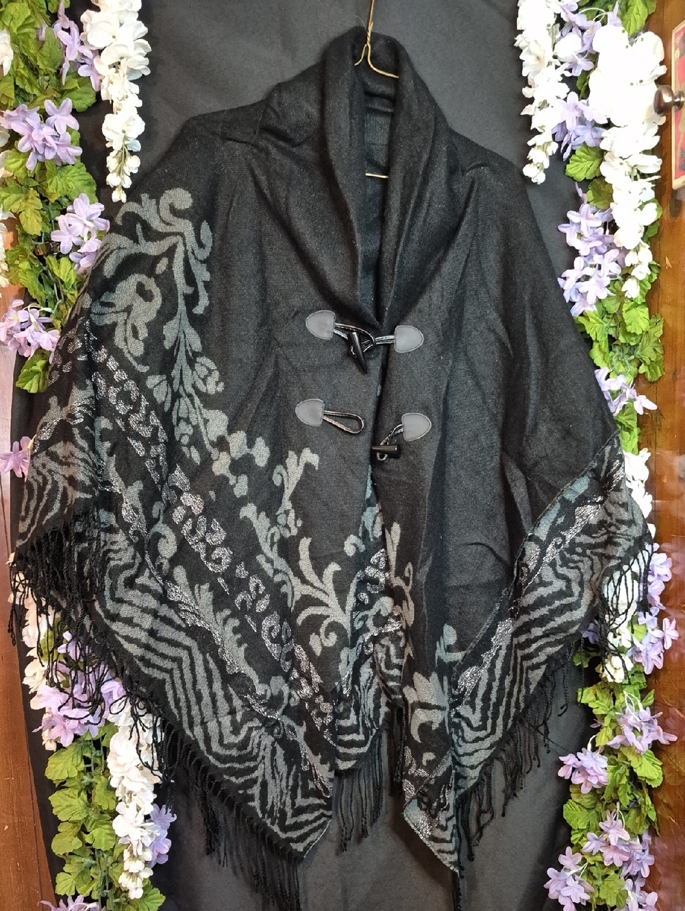 Black Floral Fringe Toggle Shawl